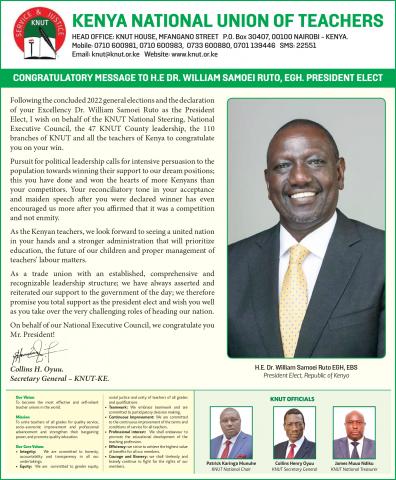 CONGRATULATORY MESSAGE TO H.E DR. WILLIAM SAMOEI RUTO, EGH. PRESIDENT ELECT